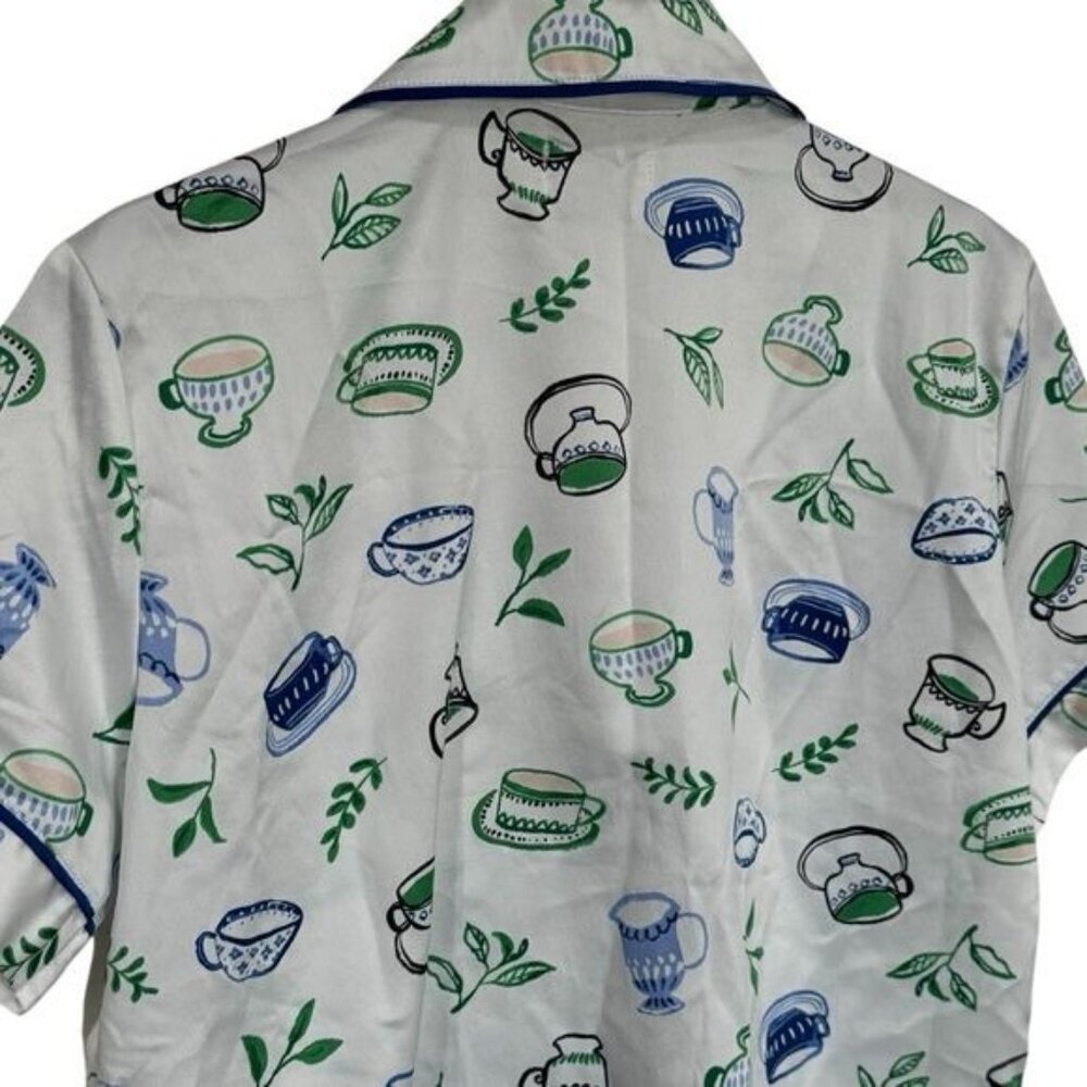 Kate‎ Spade Blue Green Novelty Coffee Print Satin Pajama Top Cozy Feminine XS - Picture 6 of 10